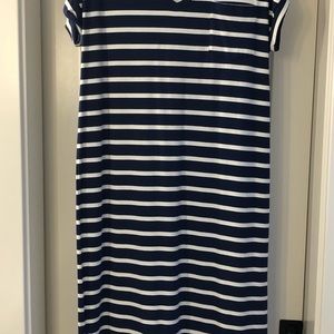Peruvian Connection Navy and Cream striped short sleeved, maxi dress. Size L